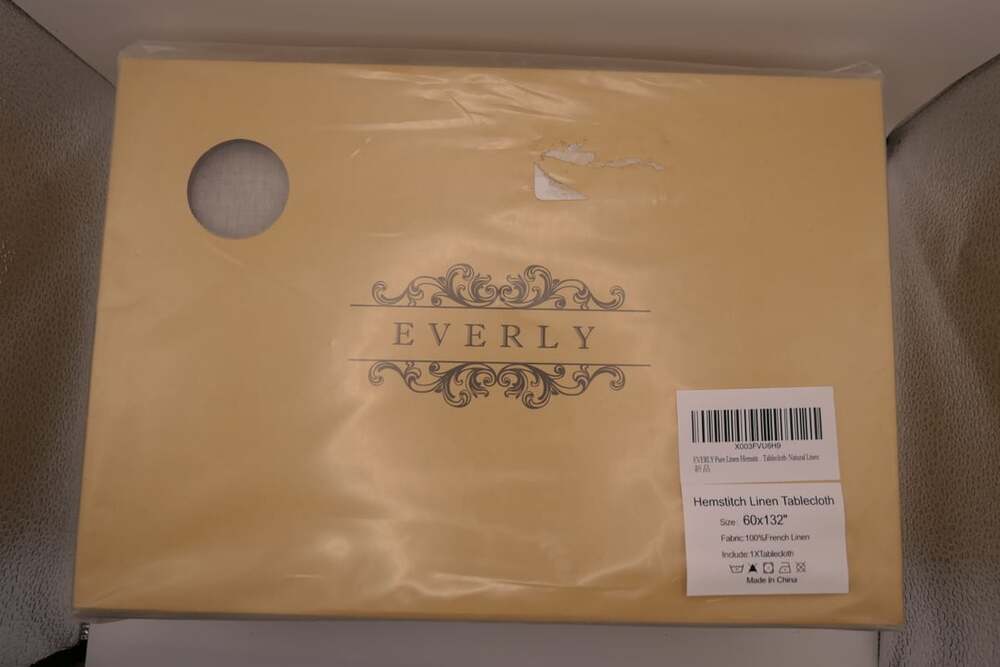 EVERLY Pure French Linen Hemstitch Tablecloth, Natural Linen, 60x132"